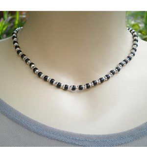 Vintage Genuine Onyx Gemstone 925 Sterling Silver Bead Necklace